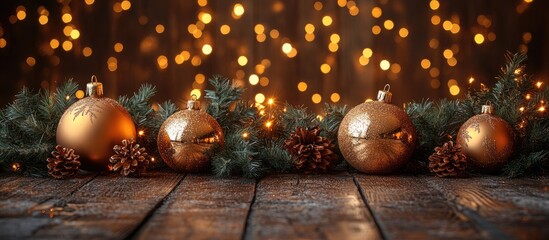 Poster - Elegant Christmas ornaments and pinecones arranged on a rustic wooden surface with soft glowing lights in the background for a festive ambiance