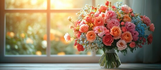 Leinwandbilder - Vibrant bouquet of spring flowers arranged beautifully on a table near a window with sunlight illuminating the scene. Ideal gift presentation.