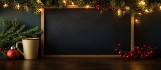 Poster - Cozy Christmas scene with glowing garland in a cup surrounded by fir branches and rowan berries on a dark background for festive decoration.