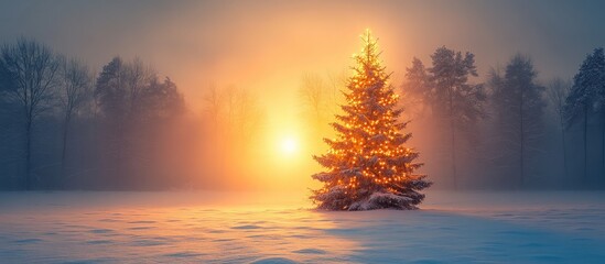 Poster - Illuminated Christmas tree in snowy landscape at sunset creating a magical winter holiday atmosphere