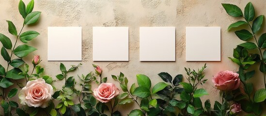 Poster - Business card mockup with roses and greenery on a rustic beige background ideal for corporate identity showcase and design presentations