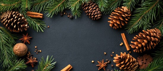 Aufkleber - Festive Christmas arrangement with pine cones fir branches and spices on black background top view flat lay with ample copy space