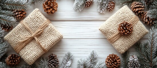 Aufkleber - Cozy Christmas flat lay with wrapped gifts pine cones and fir branches creating a festive ambiance on a rustic wooden background