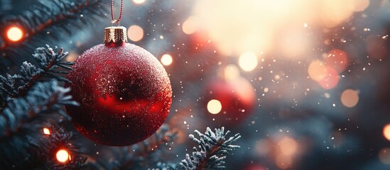 Aufkleber - Christmas ornament on a snow-covered tree with beautiful bokeh lights and copy space for festive greeting or message