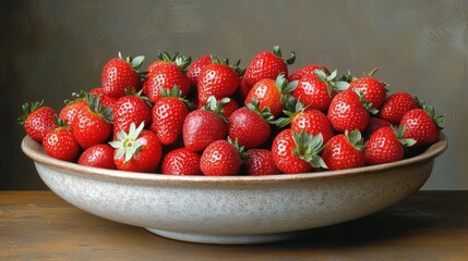 Poster - Fresh and vibrant strawberries piled high in a rustic bowl against a neutral backdrop showcasing their natural beauty and freshness.