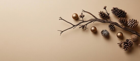 Aufkleber - Wooden branch decorated with pine cones and golden balls on a beige background showcasing minimalist and eco-friendly Christmas decor