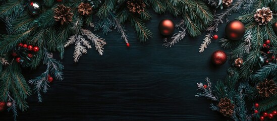 Aufkleber - Christmas decorations with ornaments and spruce branches on dark wooden background flat lay for festive holiday design and advertising