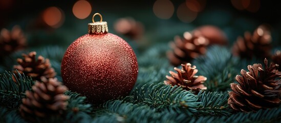 Aufkleber - Glittering red Christmas ornament resting on lush evergreen branches with pine cones creating a festive holiday ambiance
