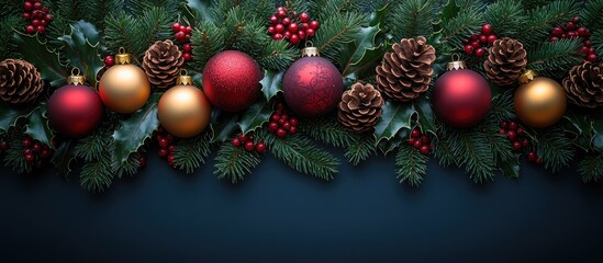 Leinwandbilder - Festive Christmas arrangement with red and gold baubles pine cones holly and berries on a dark background for holiday decor inspiration