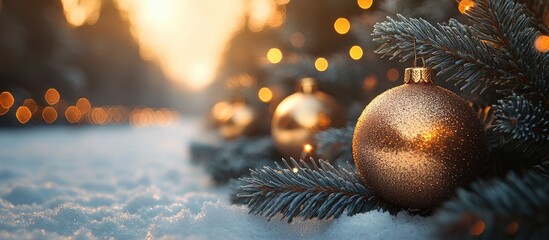 Aufkleber - Christmas tree ornaments in champagne color nestled among spruce branches with a soft bokeh background during a winter sunset.
