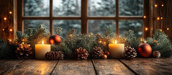 Aufkleber - Cozy Christmas wooden backdrop with candles pinecones and ornaments offering ample copy space for holiday-themed designs and promotions