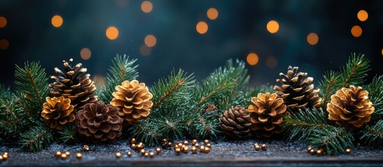 Aufkleber - Festive Christmas decorations with pine cones and evergreen branches against a dark wooden background with glowing bokeh lights