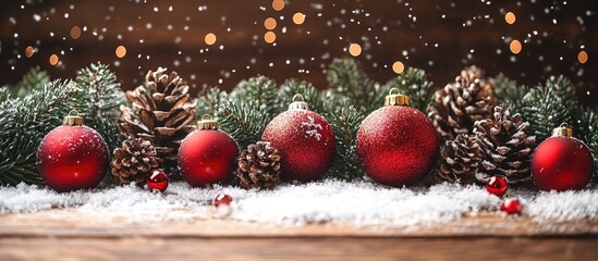 Poster - Festive wooden background with snow pine cones red baubles fir branches and decorations perfect for holiday greeting text or ads