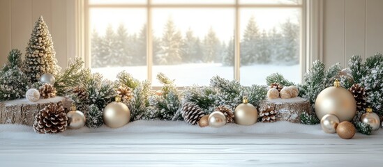 Aufkleber - Christmas festive scene with white wooden background adorned with ornaments pinecones and snowy decorations around a window view