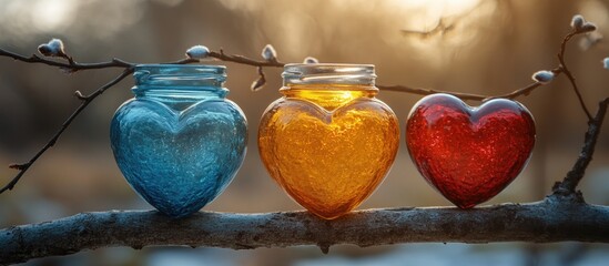 Poster - Colorful glass heart jars displayed on a tree branch with a rustic background for celebrations and romantic occasions.