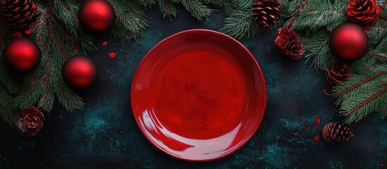 Aufkleber - Red festive plate surrounded by fir branches red ornaments and pine cones on a textured black surface ideal for Christmas or New Year celebrations