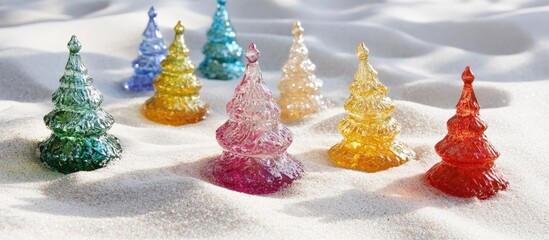 Aufkleber - Colorful glass Christmas tree ornaments arranged on white sand creating a festive and serene holiday atmosphere.