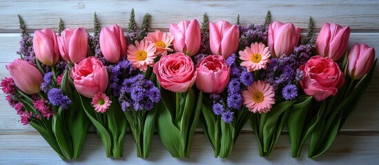 Poster - Spring flower bouquet featuring pink tulips and purple blooms arranged on a white wooden background in an overhead flat lay perspective.