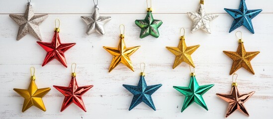 Aufkleber - Assorted Christmas star ornaments arranged on a white wooden background ideal for festive mockup design and holiday decoration themes