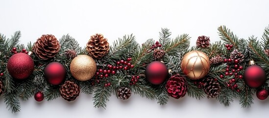 Aufkleber - Elegant Christmas pine and ornaments arrangement with rich colors and textures on a clean white background for festive decor.
