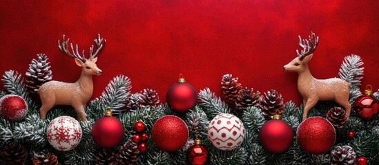 Aufkleber - Winter holiday decoration with deer figurines and red ornaments on festive pine branches against a vibrant red background