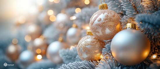 Aufkleber - Christmas tree branches decorated with shimmering gold and silver baubles creating a festive and elegant holiday atmosphere.
