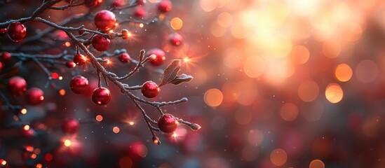 Aufkleber - Festive bokeh background featuring a tree branch decorated with red ornaments and soft glowing lights