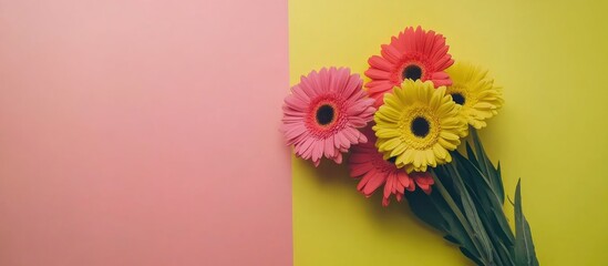 Poster - Bouquet of vibrant gerbera flowers on a colorful pink and yellow background for holiday greeting card mockups and seasonal celebrations