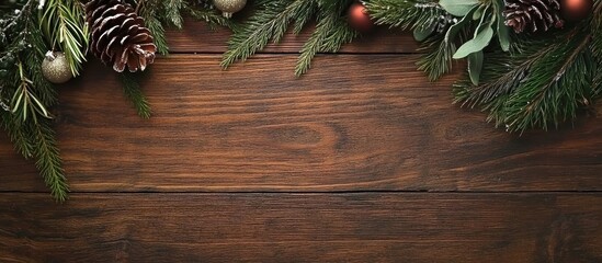 Aufkleber - Festive holiday decoration with pinecones and greenery on rustic wooden background flat lay composition
