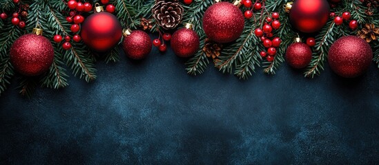 Aufkleber - Christmas decorations with red ornaments and pinecones on evergreen twigs creating a festive frame with dark copy space below