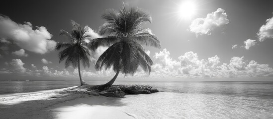Aufkleber - Serene black and white beach island landscape featuring palm trees and dramatic sky with sunlight reflecting on tranquil ocean waters