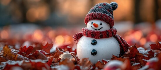 Aufkleber - Snowman surrounded by autumn leaves and Christmas ornaments creating a festive winter scene in a serene outdoor setting