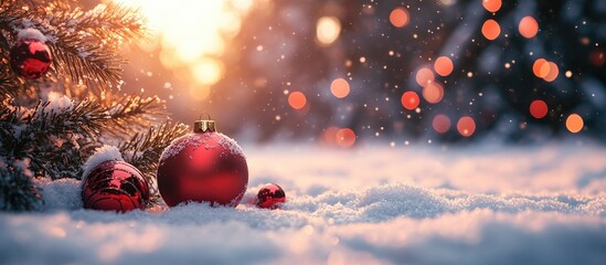 Aufkleber - Christmas tree with red ornaments surrounded by snow with soft glowing lights and a warm sunset in the background creating a festive atmosphere