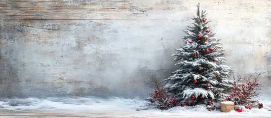 Aufkleber - Snowy fir tree decorated for Christmas against a rustic wooden backdrop with ample copy space for seasonal promotional use