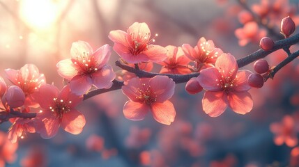 Fototapete - Delicate Cherry Blossom Flowers Illuminated by Soft Sunlight in a Serene Spring Garden Setting