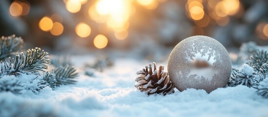 Aufkleber - Festive winter scene with a shimmering ornament and pine cone amidst snow and soft golden bokeh lights for holiday celebrations.