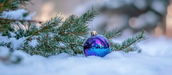 Poster - Christmas tree branches adorned with colorful ornaments resting on fresh snow creating a serene winter scene with shallow depth of field.
