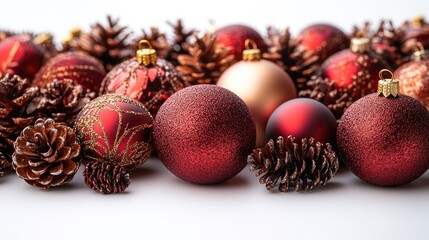 Aufkleber - Elegant Christmas decorations featuring red and gold ornaments with pinecones arranged on a clean white background for festive design use.