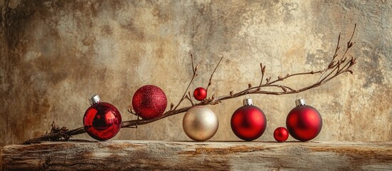 Aufkleber - Elegant Christmas New Year card close up with decorative ornaments on a rustic branch set against a vintage textured wall background