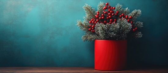 Poster - Christmas decoration featuring pine needles and red berries in a red container set against a textured blue background for holiday ambiance