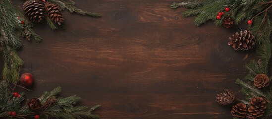 Aufkleber - Christmas decorative border with fir branches pine cones and ornaments on a wooden backdrop space for text flat lay seasonal design