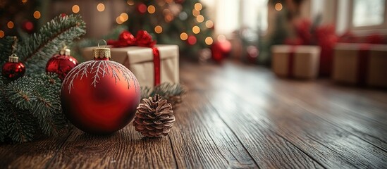 Aufkleber - Christmas scene with decorative red ornament gift box and pine tree enhancing the festive atmosphere with warm lights and natural elements