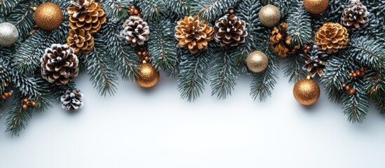 Aufkleber - Christmas tree branches with pinecones and ornaments winter postcard background flat lay view festive holiday decoration