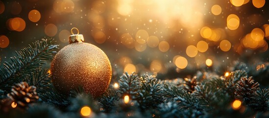 Aufkleber - Warm Christmas backdrop with fir branches and golden ornament sparkling in soft light and bokeh effect creating a festive atmosphere.
