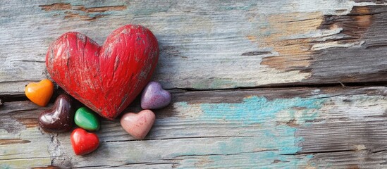 Poster - Red Heart and Colorful Candy Hearts on Rustic Wooden Surface