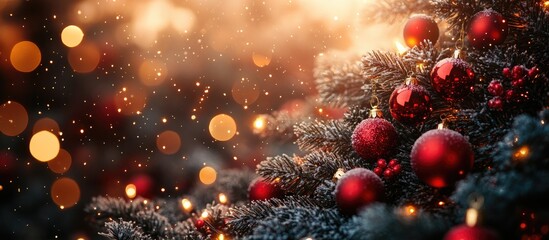 Poster - Christmas tree beautifully decorated with ornaments and snowflakes against a warm bokeh background creating a festive holiday ambiance.