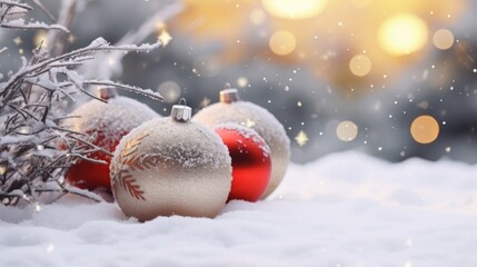 Aufkleber - Christmas ornaments nestled in fresh snow with a soft bokeh background creating a festive winter atmosphere.