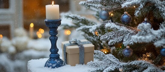 Aufkleber - Blue candlestick with white candle beside gift box and snowy spruce tree adorned with festive decorations in a serene winter setting