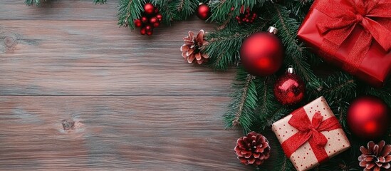 Poster - Christmas backdrop with decorated tree branches, gifts, and ornaments on a classic wooden surface offering flat lay composition and copy space.