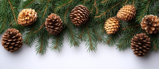 Aufkleber - Christmas tree branches with pine cones on a white background showcasing spruce and fir twigs in a festive arrangement for holiday decor